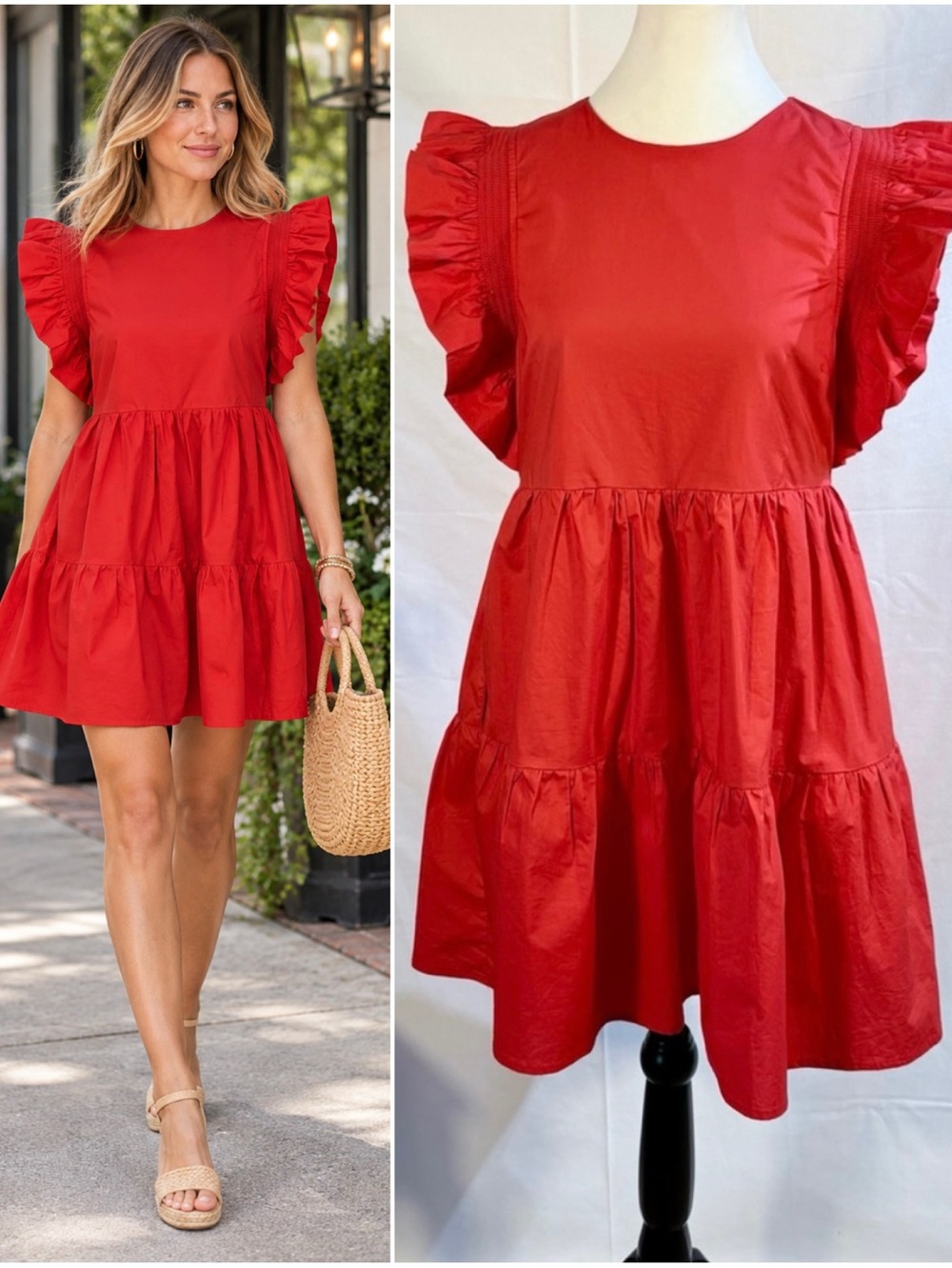 English Factory True Red Ruffle Sleeve Babydoll Tiered Mini Dress Sz S
🧡